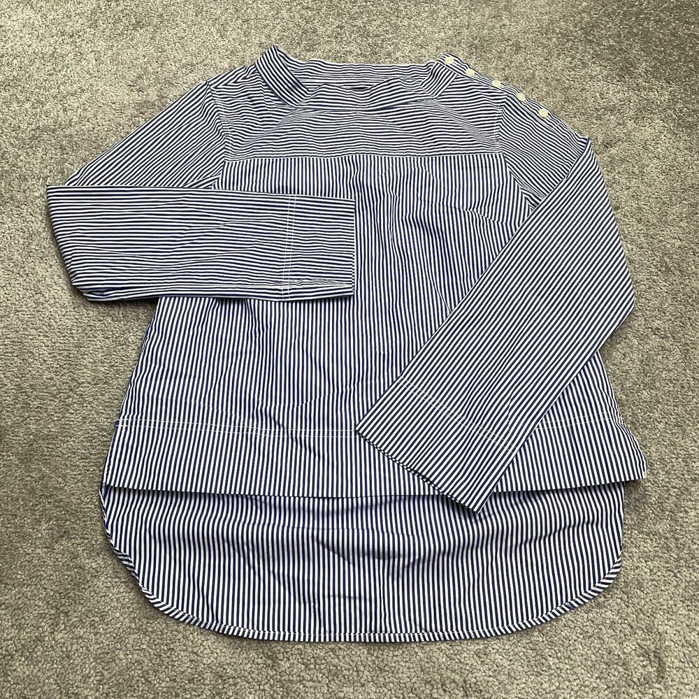 J.Crew Tunic Hi-Lo Blouse Womens 00 Blue White Striped Funnel Neck Casual Work